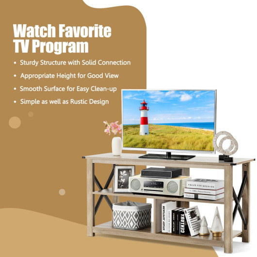 Rustic 3-Tier TV Stand with Open Shelves and Cable Management