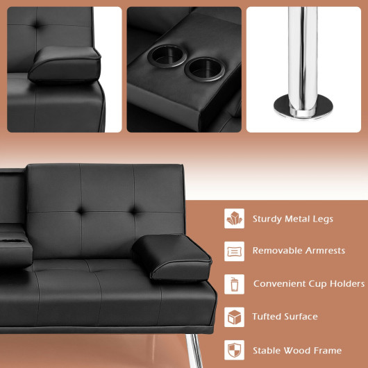 Convertible Leather Futon Sofa Bed with Cup Holders and Armrests