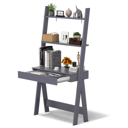 Ladder Shelf Desk with Drawer, Countertop, and 2 Shelves