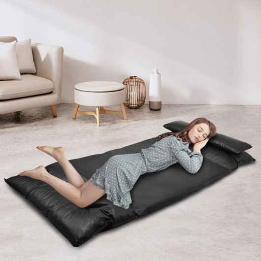 Adjustable PU Leather Folding Sofa Bed with Pillows Black