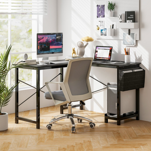 L-Shaped Reversible Computer Desk with Storage Pocket and CPU Stand