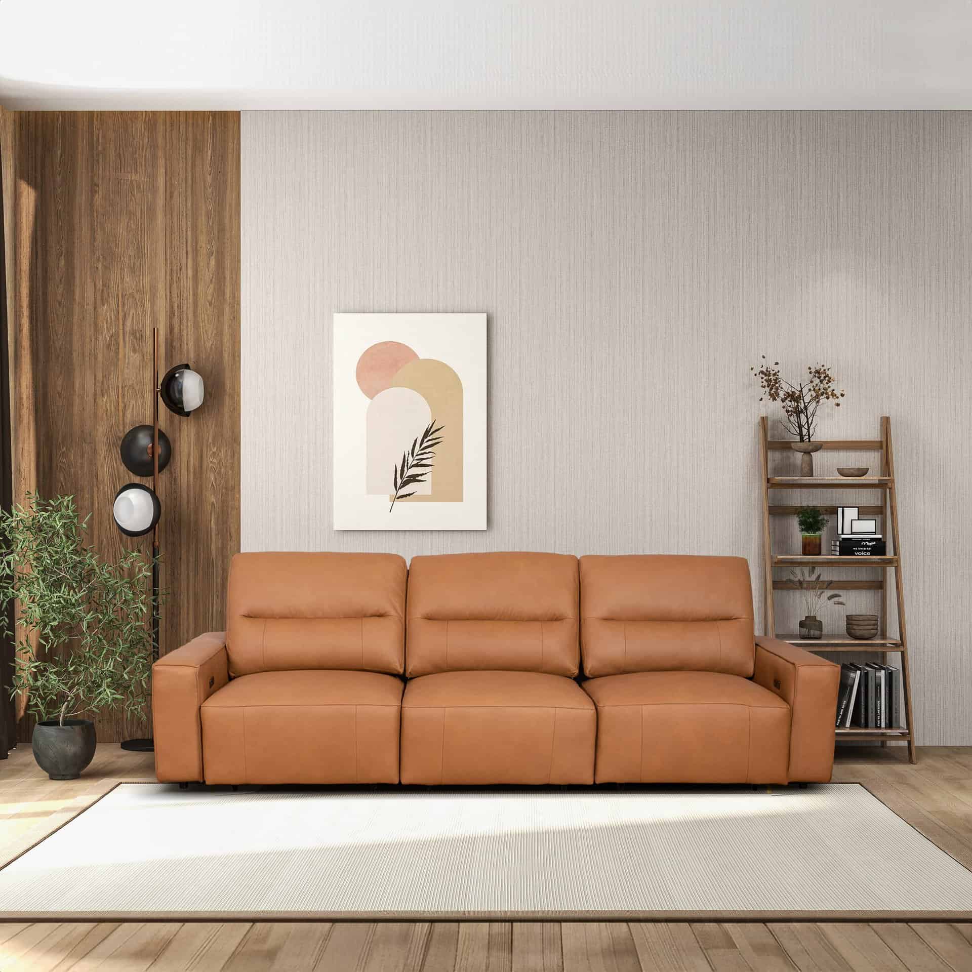 Cognac Leather Electric Convertible Sofa Bed with High-Back Design