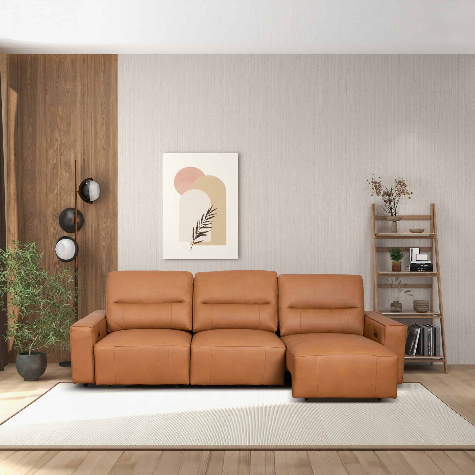 Cognac Leather Electric Convertible Sofa Bed with High-Back Design