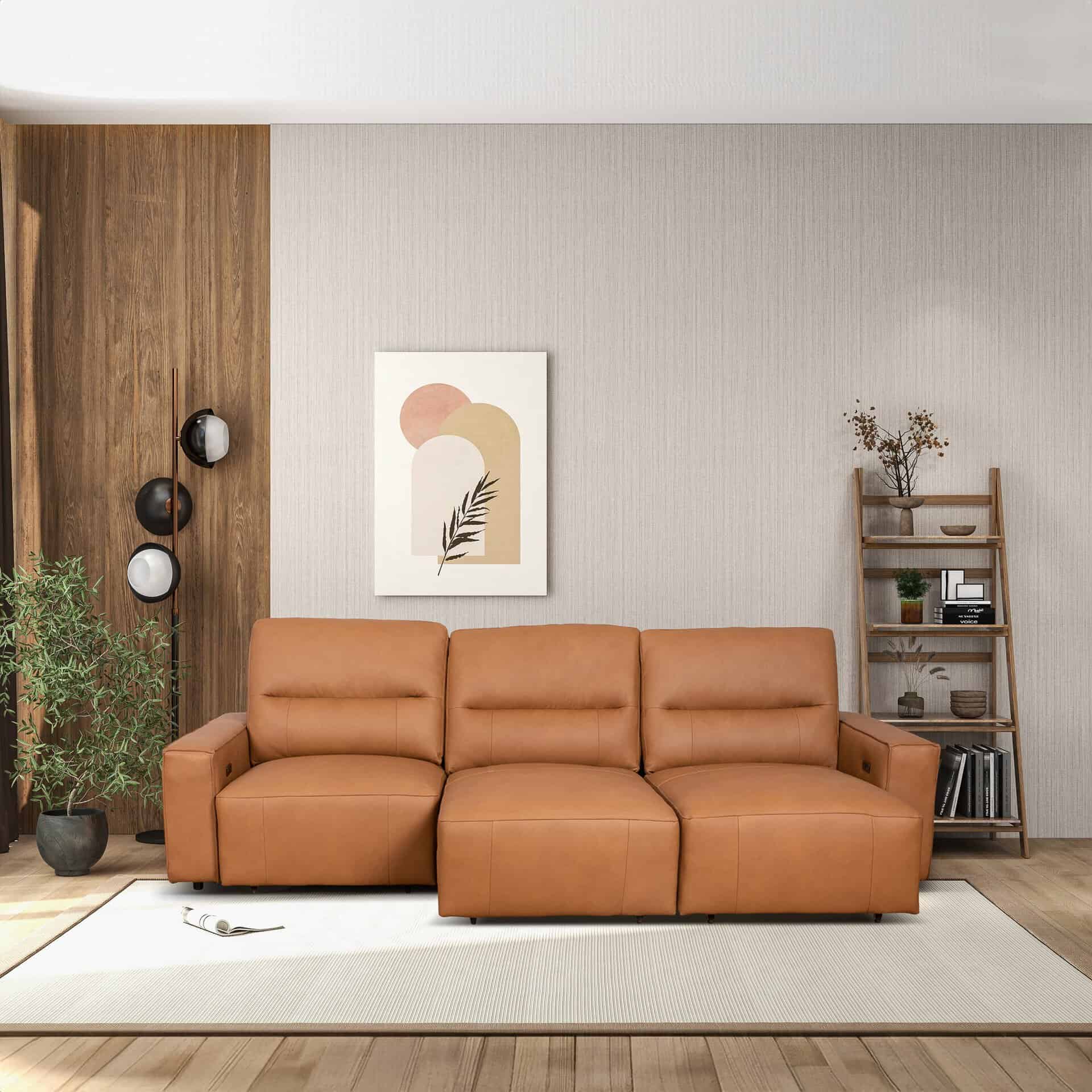 Cognac Leather Electric Convertible Sofa Bed with High-Back Design