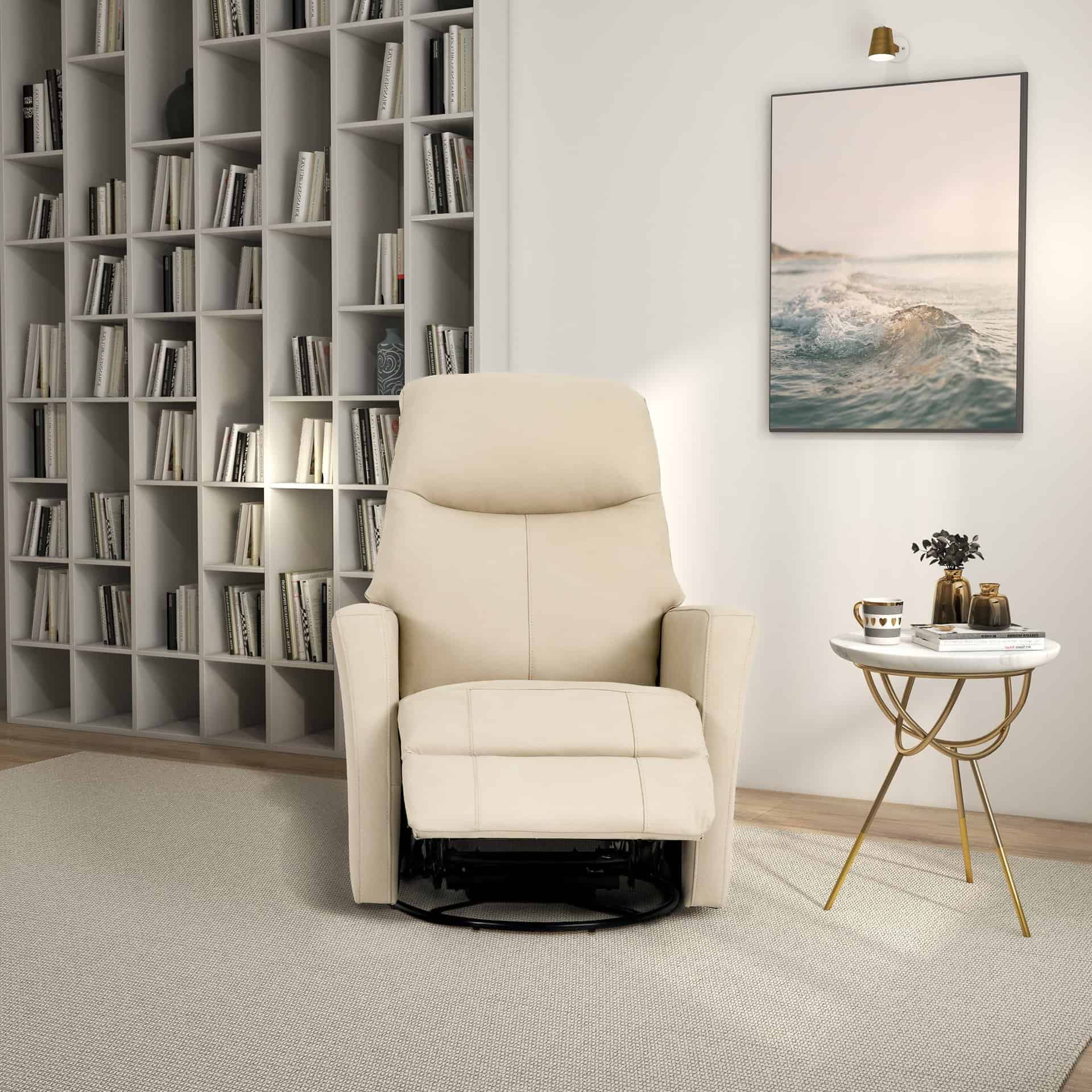 Ivory Leather Swivel Glider Recliner Chair with Lumbar Support