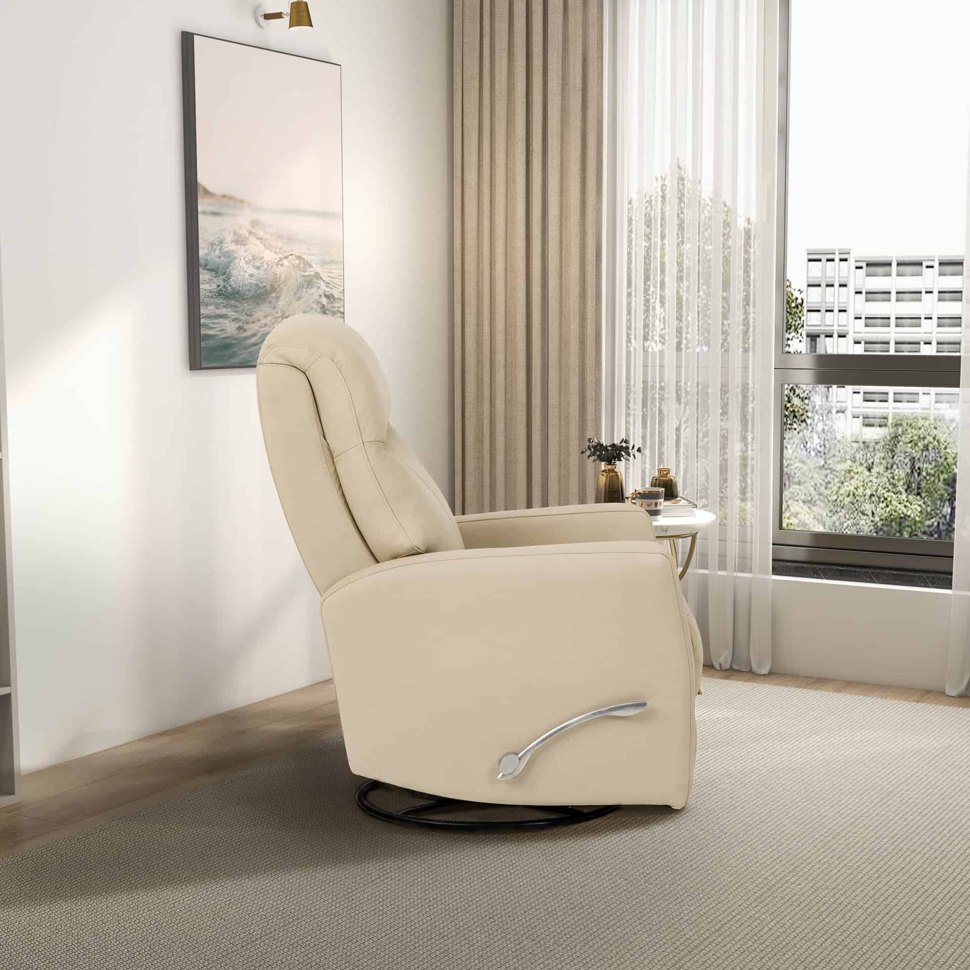 Ivory Leather Swivel Glider Recliner Chair with Lumbar Support
