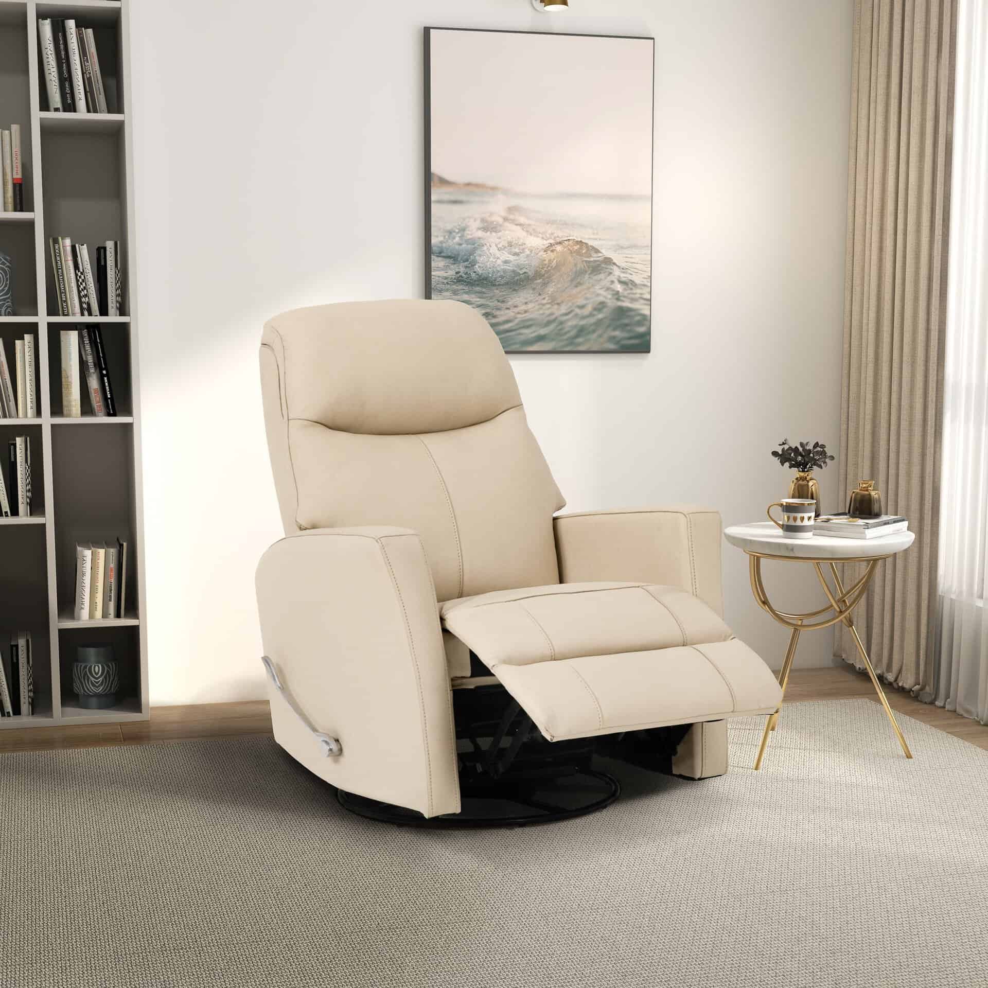 Ivory Leather Swivel Glider Recliner Chair with Lumbar Support
