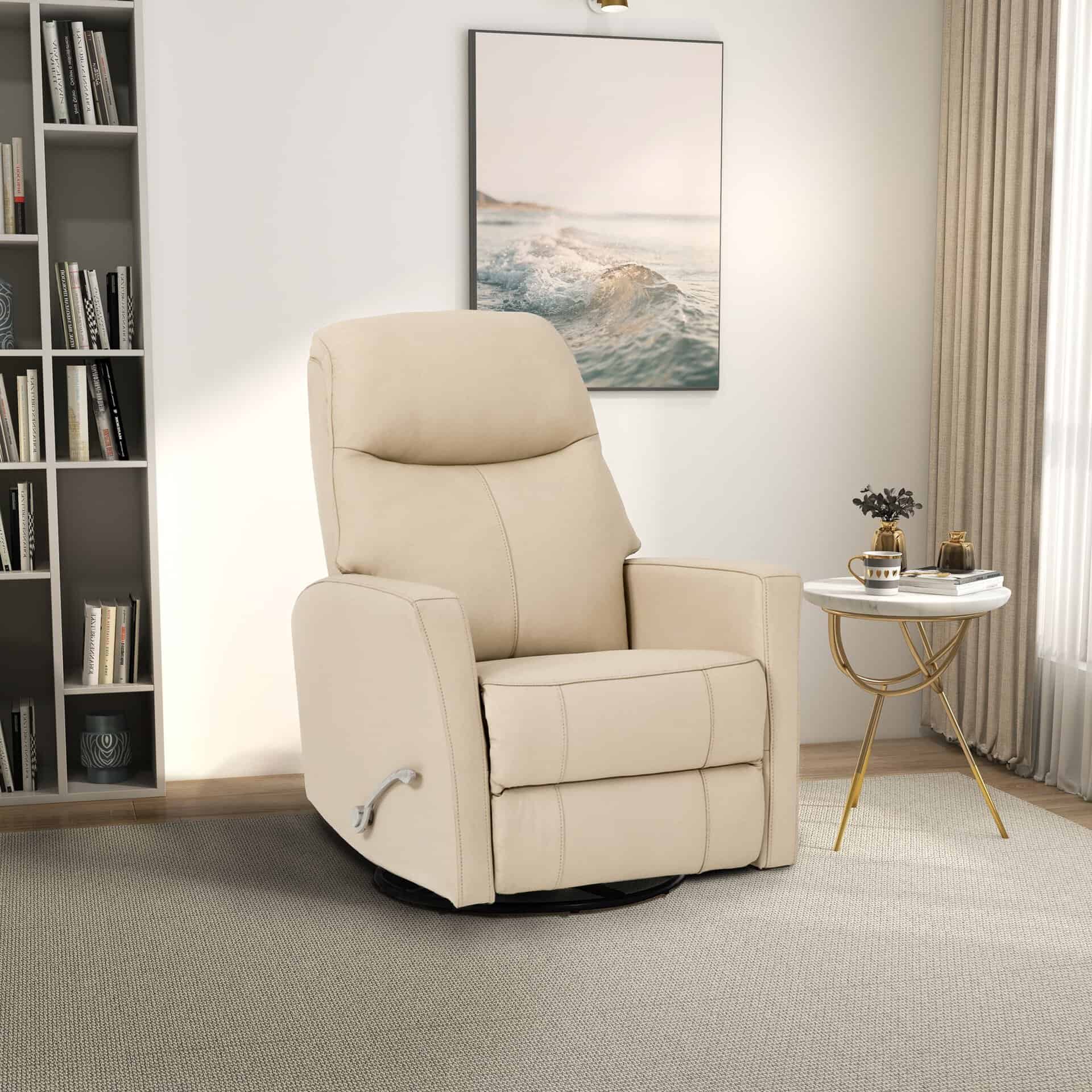 Ivory Leather Swivel Glider Recliner Chair with Lumbar Support