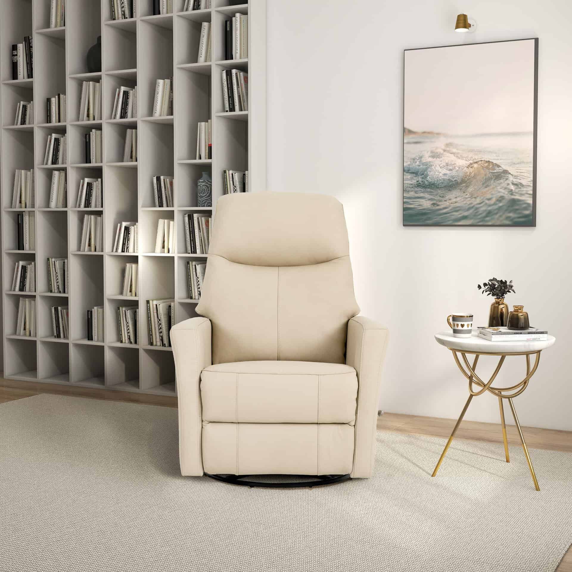 Ivory Leather Swivel Glider Recliner Chair with Lumbar Support
