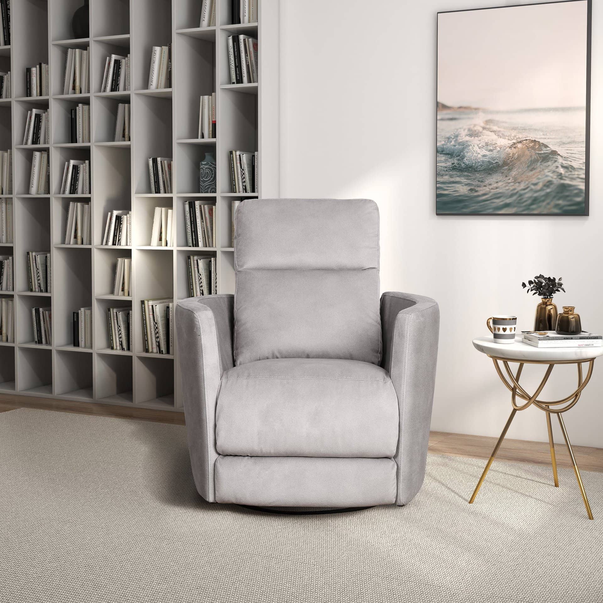 Latte Linen Swivel Glider Recliner Chair with Mid-Century Design