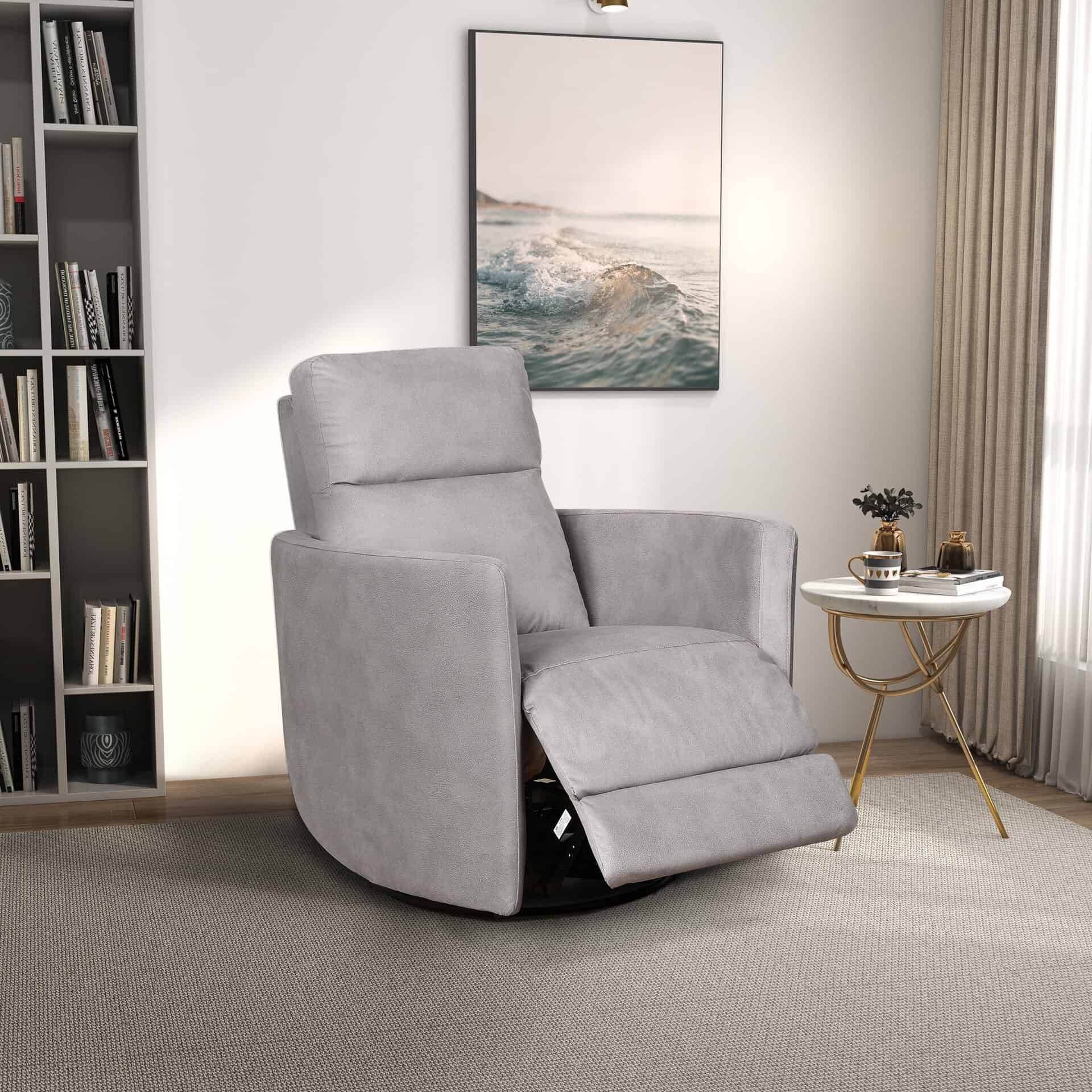 Latte Linen Swivel Glider Recliner Chair with Mid-Century Design