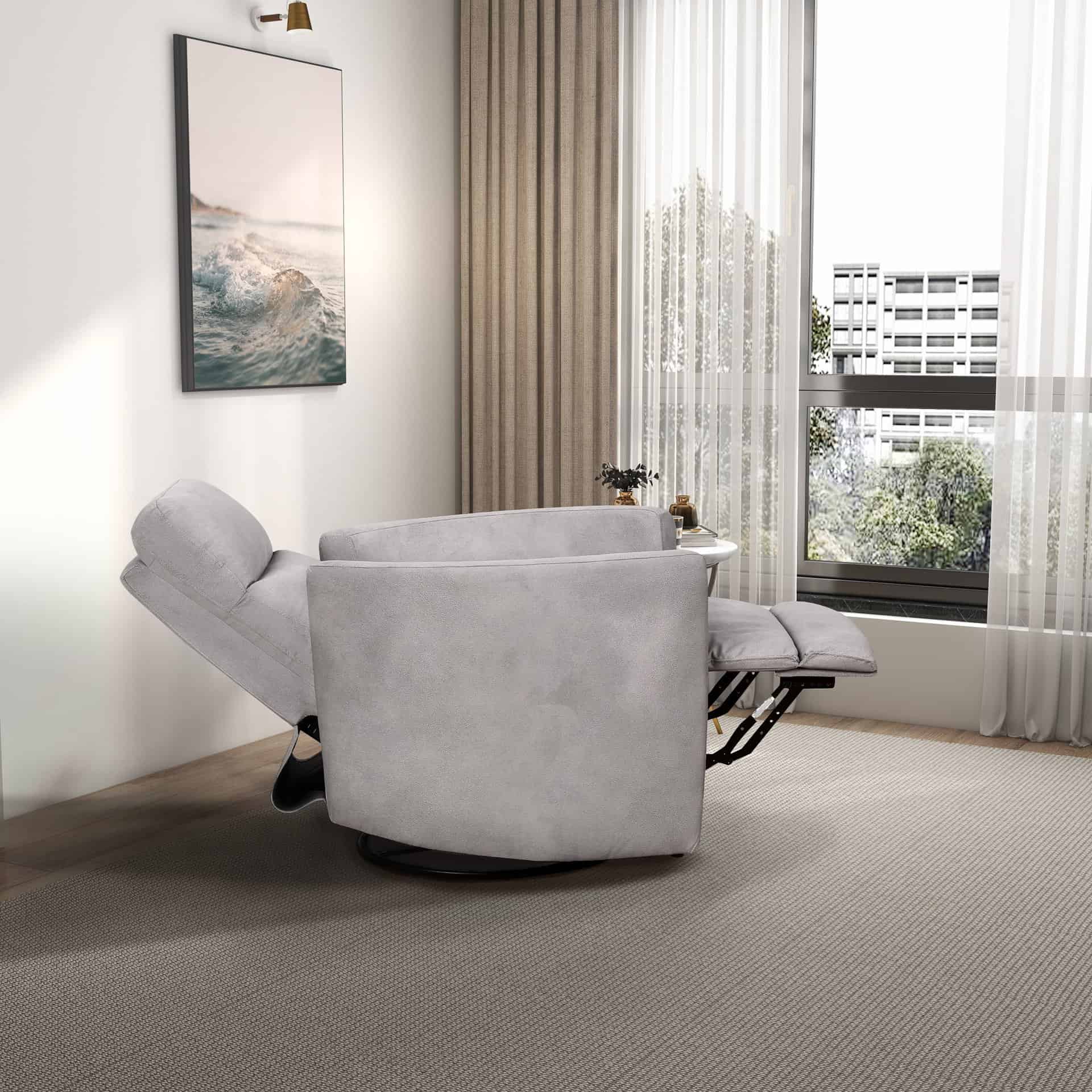 Latte Linen Swivel Glider Recliner Chair with Mid-Century Design