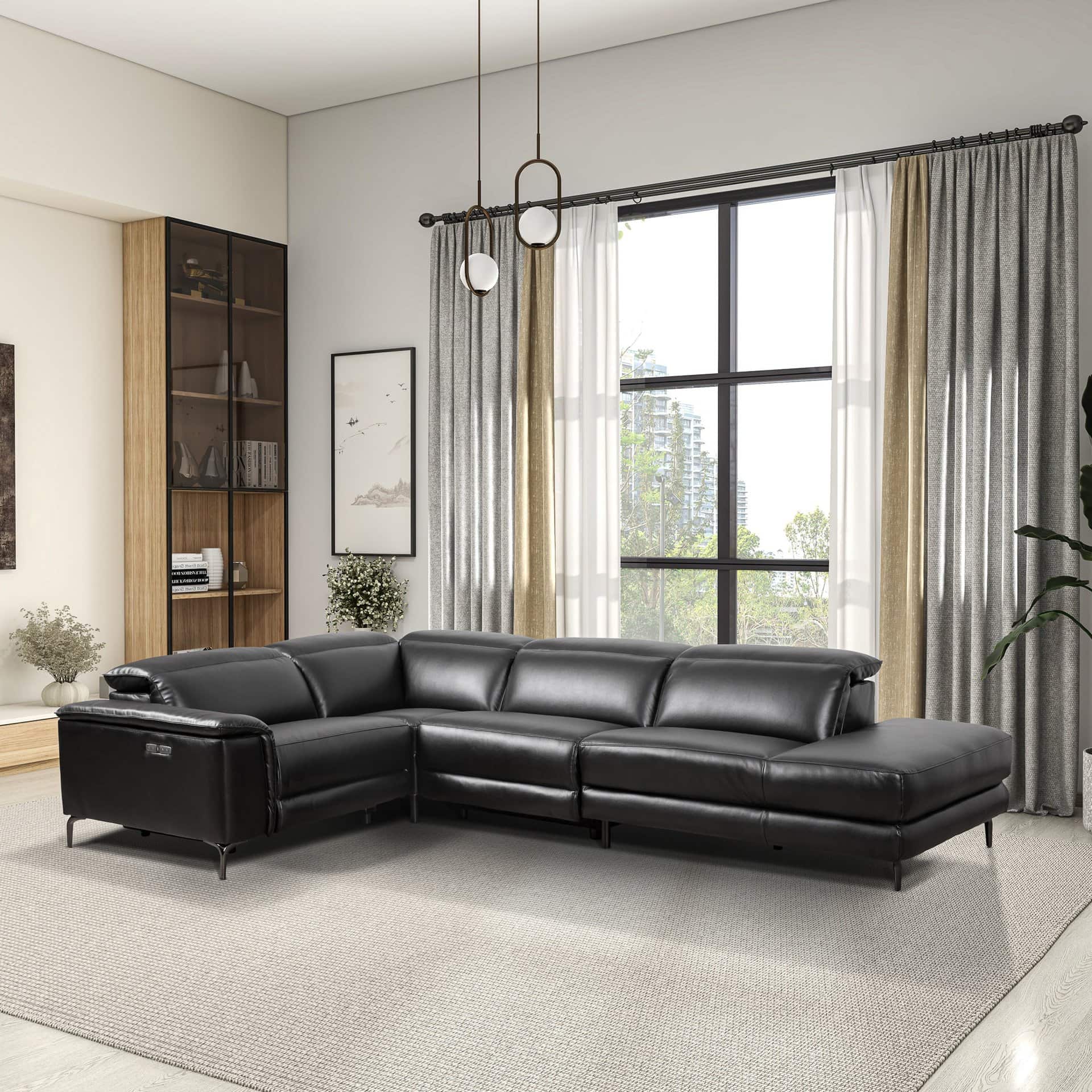 Reclining Sectional Sofa Black Faux Leather with Adjustable Headrests