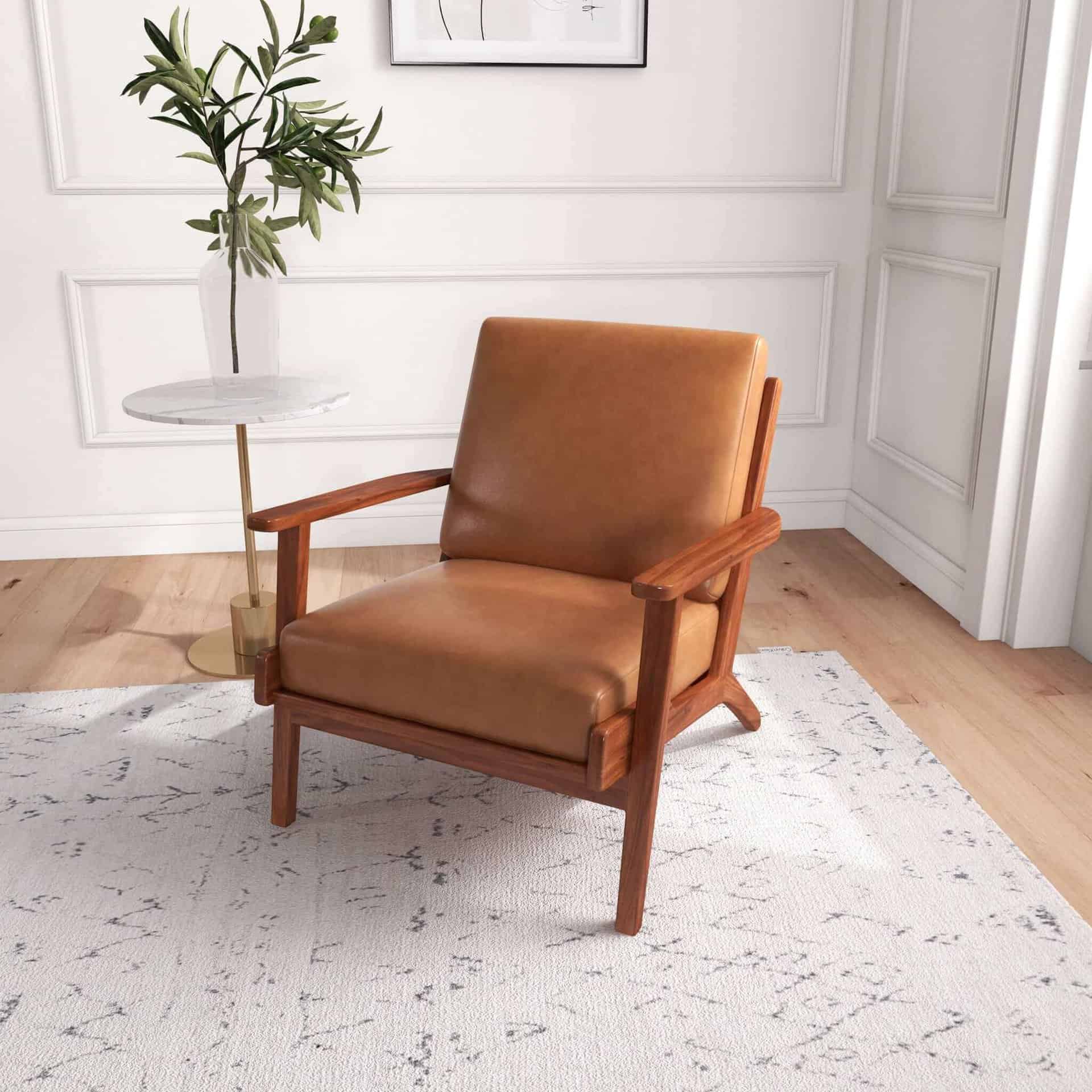 Tan Leather Mid-Century Modern Lounge Chair with Walnut Legs