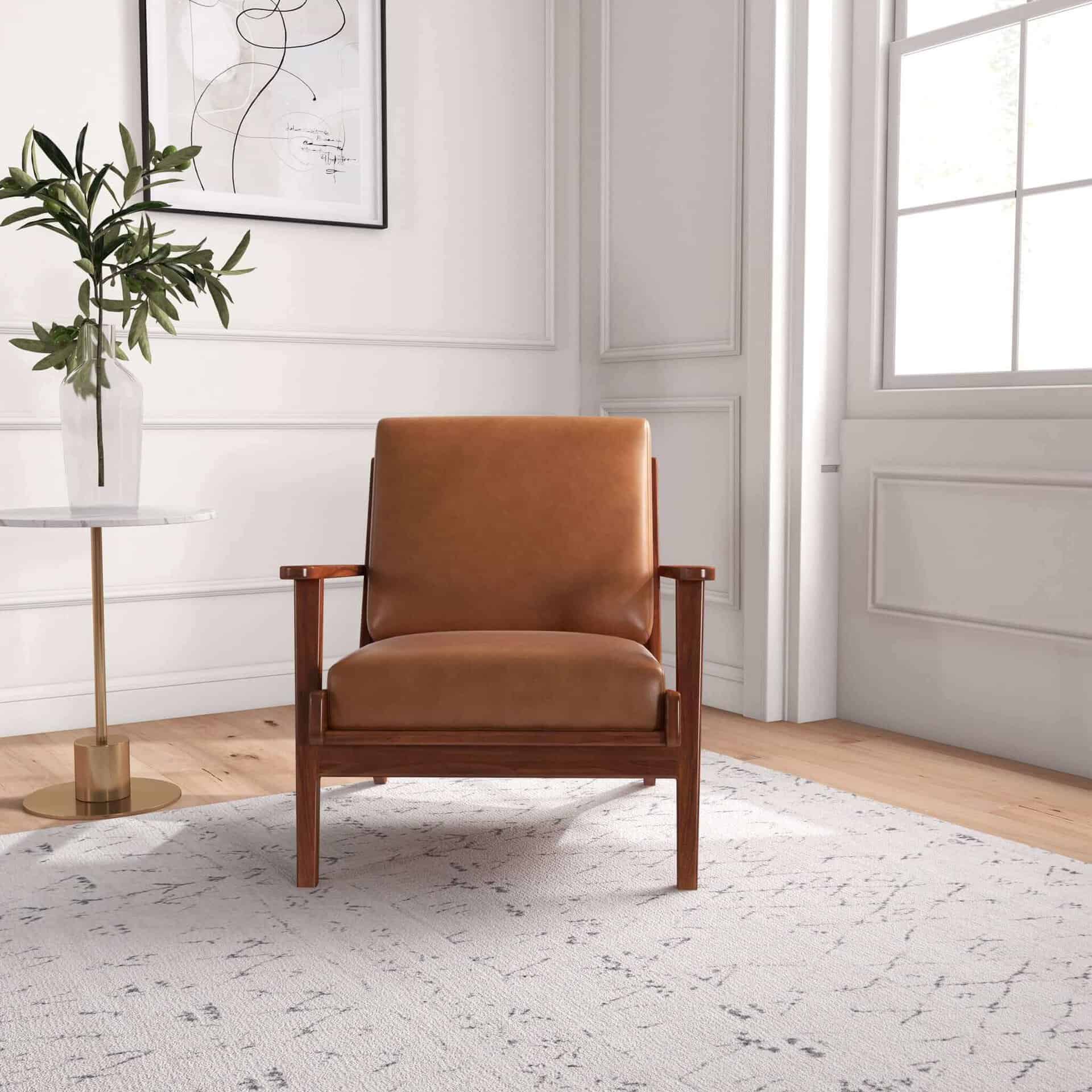 Tan Leather Mid-Century Modern Lounge Chair with Walnut Legs