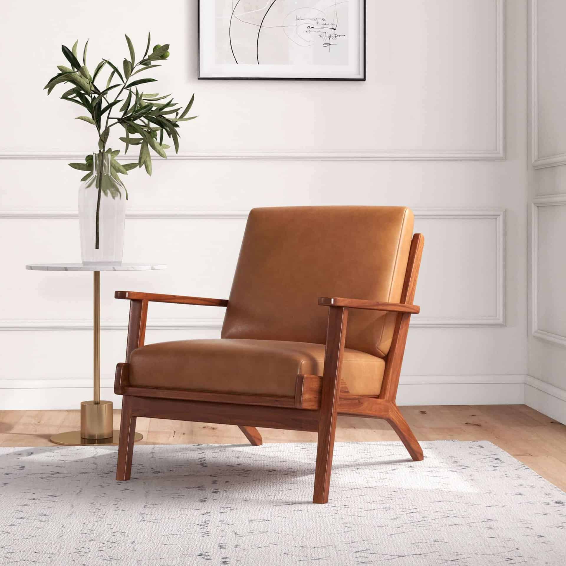Tan Leather Mid-Century Modern Lounge Chair with Walnut Legs