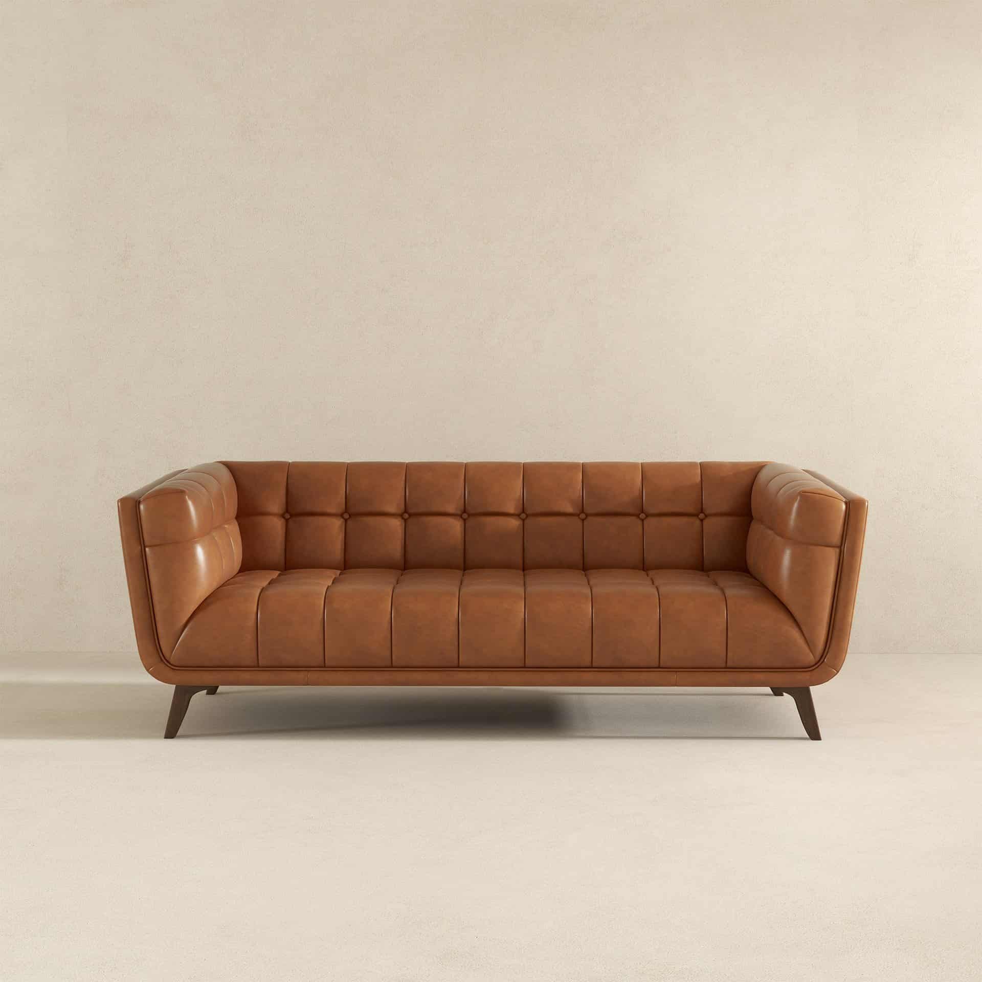 Brown Leather Mid-Century Modern Sofa with Removable Legs