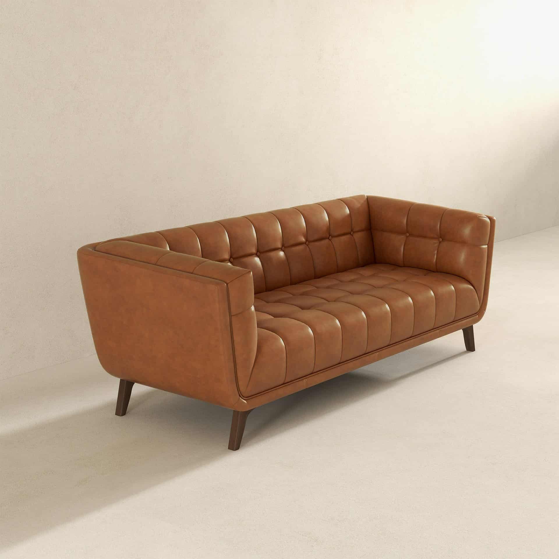 Brown Leather Mid-Century Modern Sofa with Removable Legs