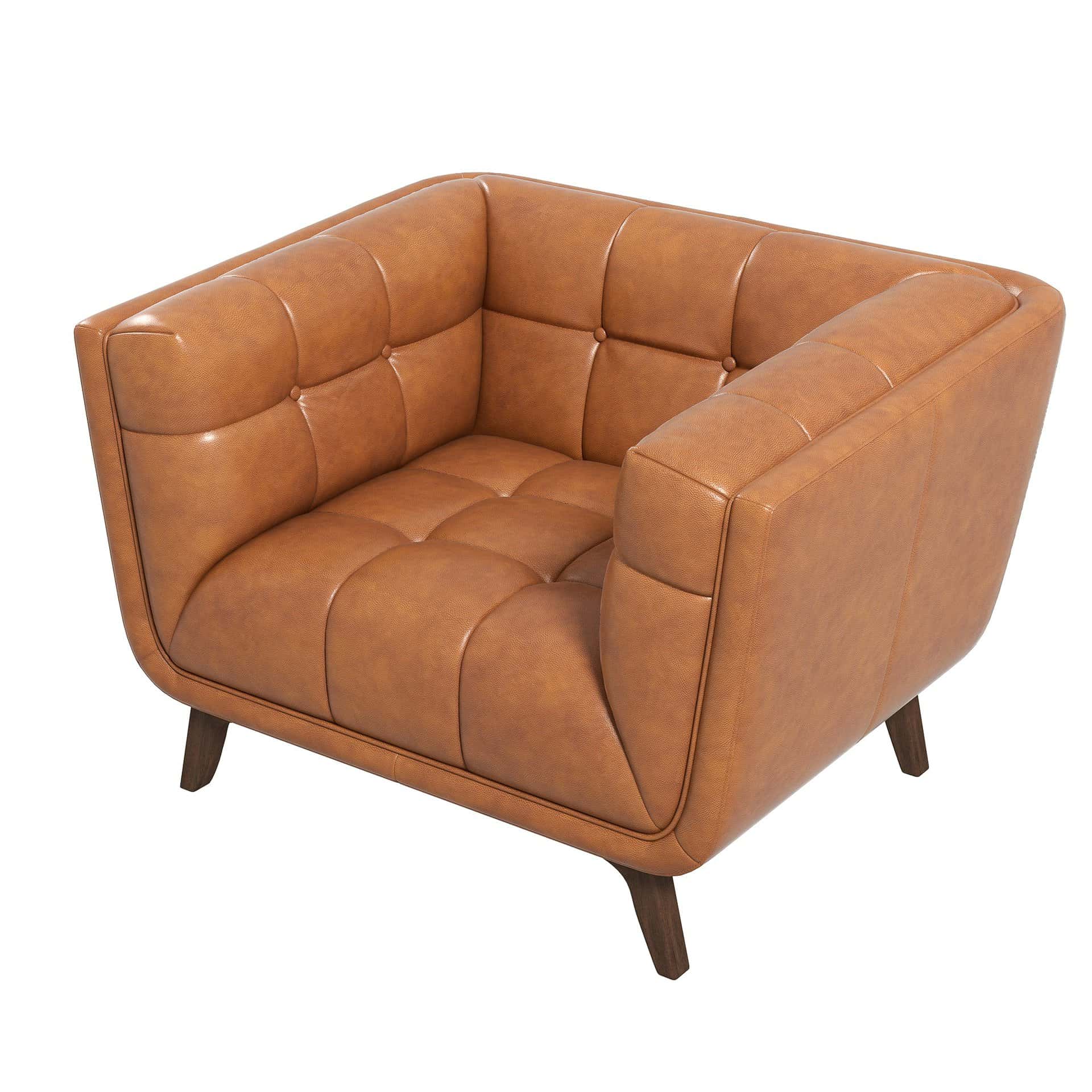 Cognac Leather Lounge Chair with Tufted Interior and Walnut Legs