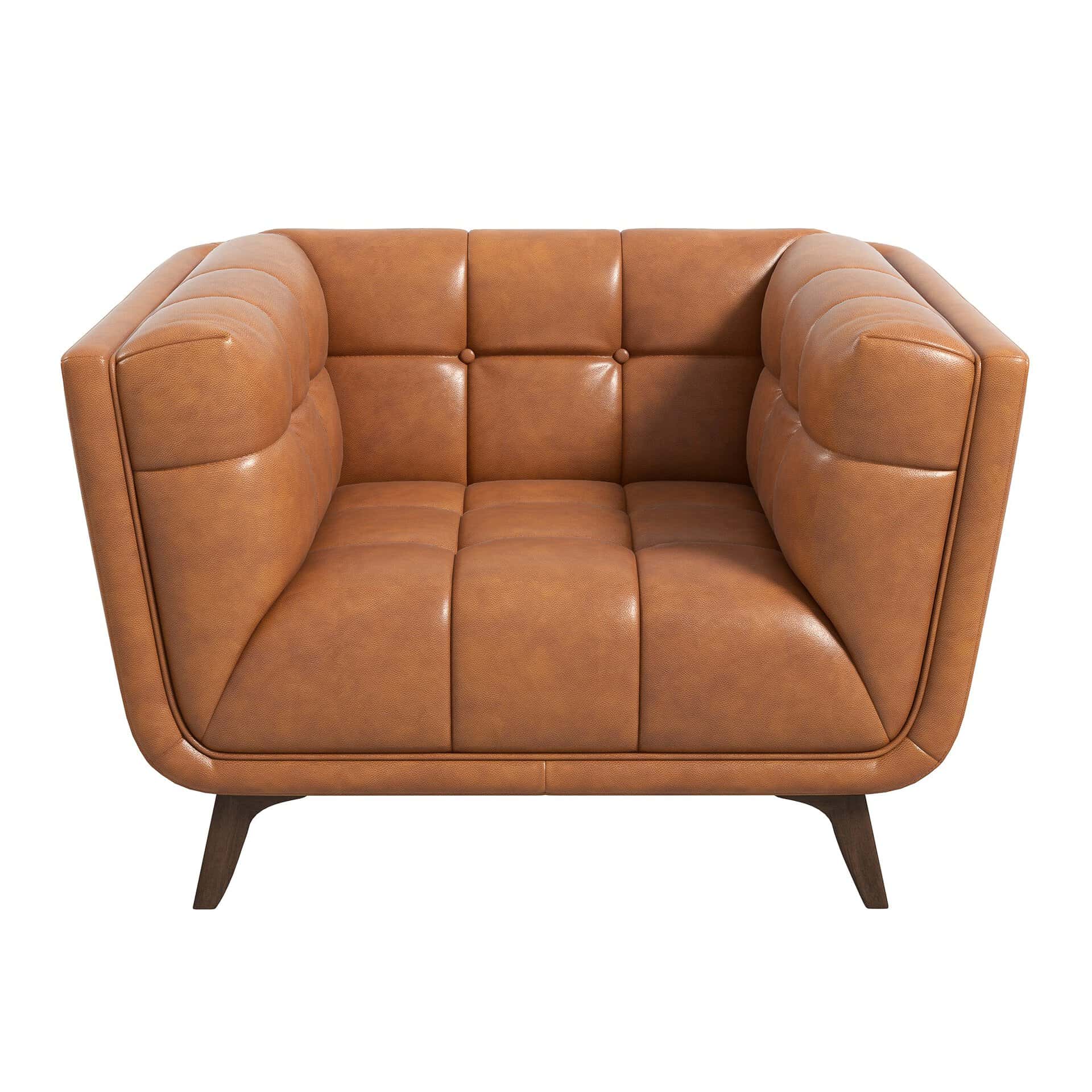 Cognac Leather Lounge Chair with Tufted Interior and Walnut Legs