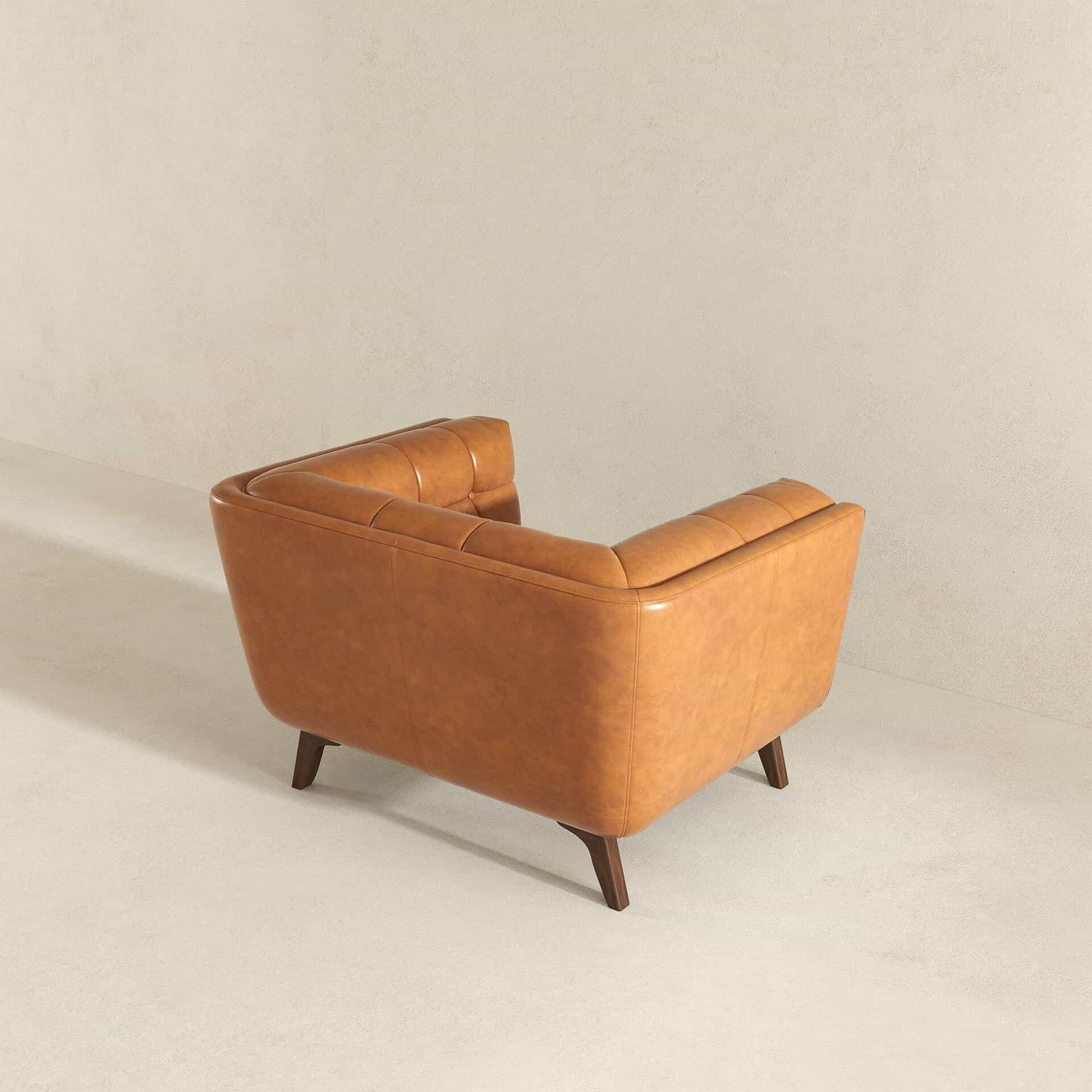 Cognac Leather Lounge Chair with Tufted Interior and Walnut Legs