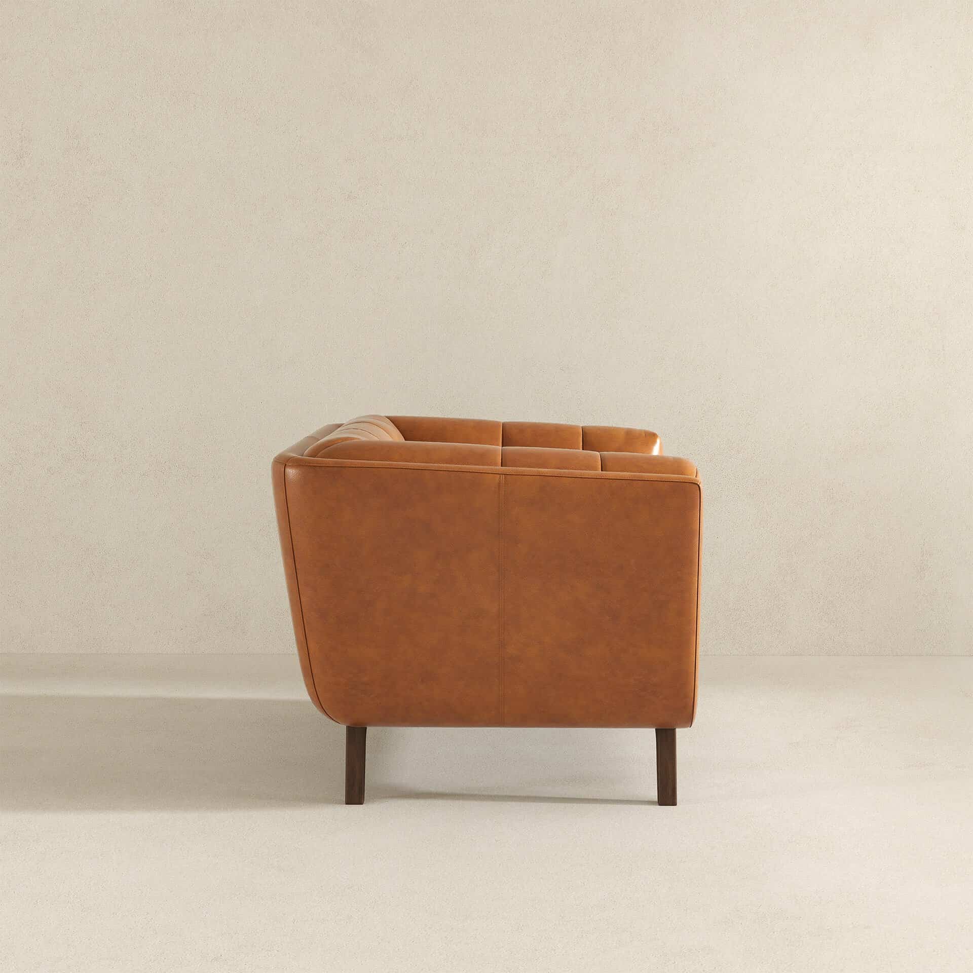 Cognac Leather Lounge Chair with Tufted Interior and Walnut Legs