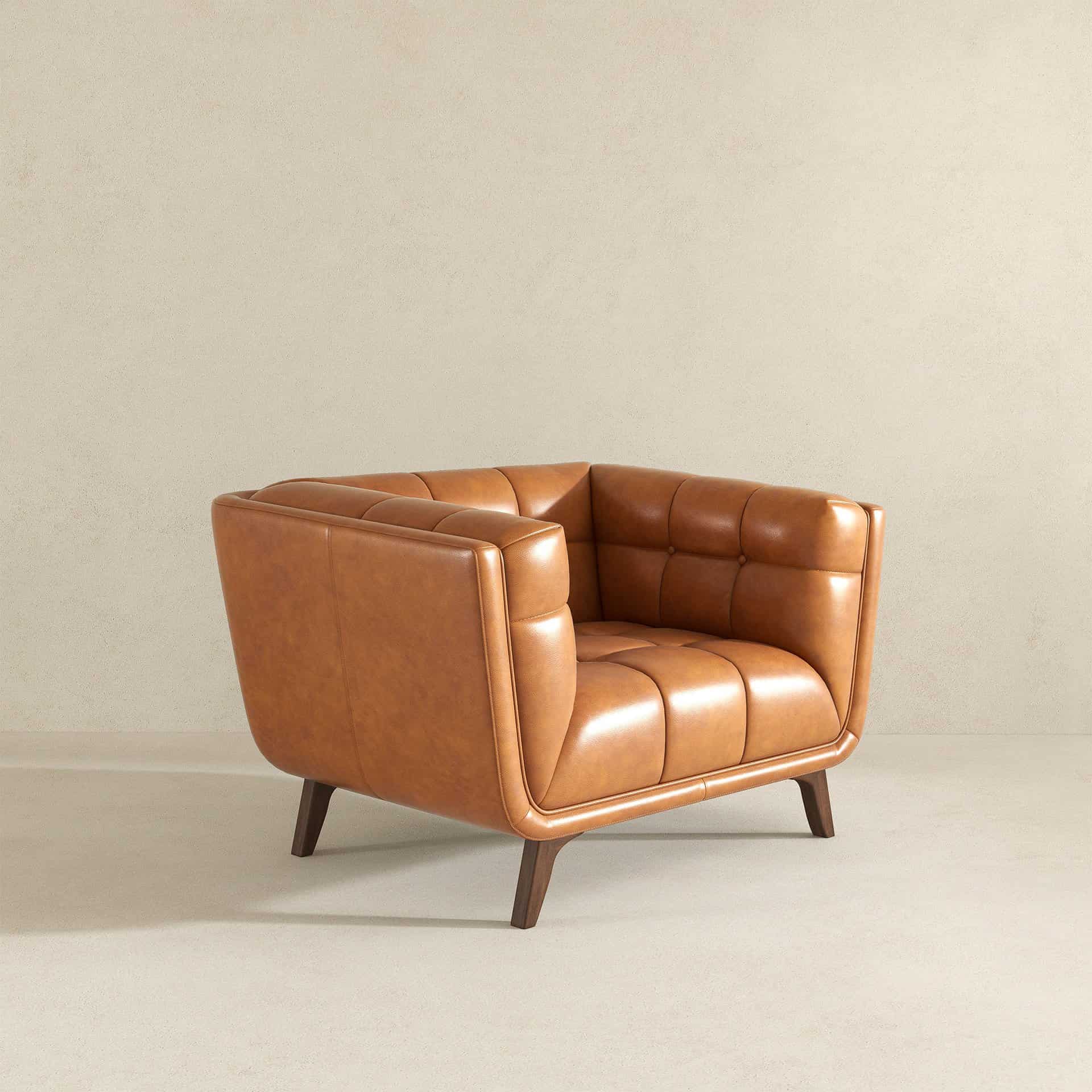Cognac Leather Lounge Chair with Tufted Interior and Walnut Legs