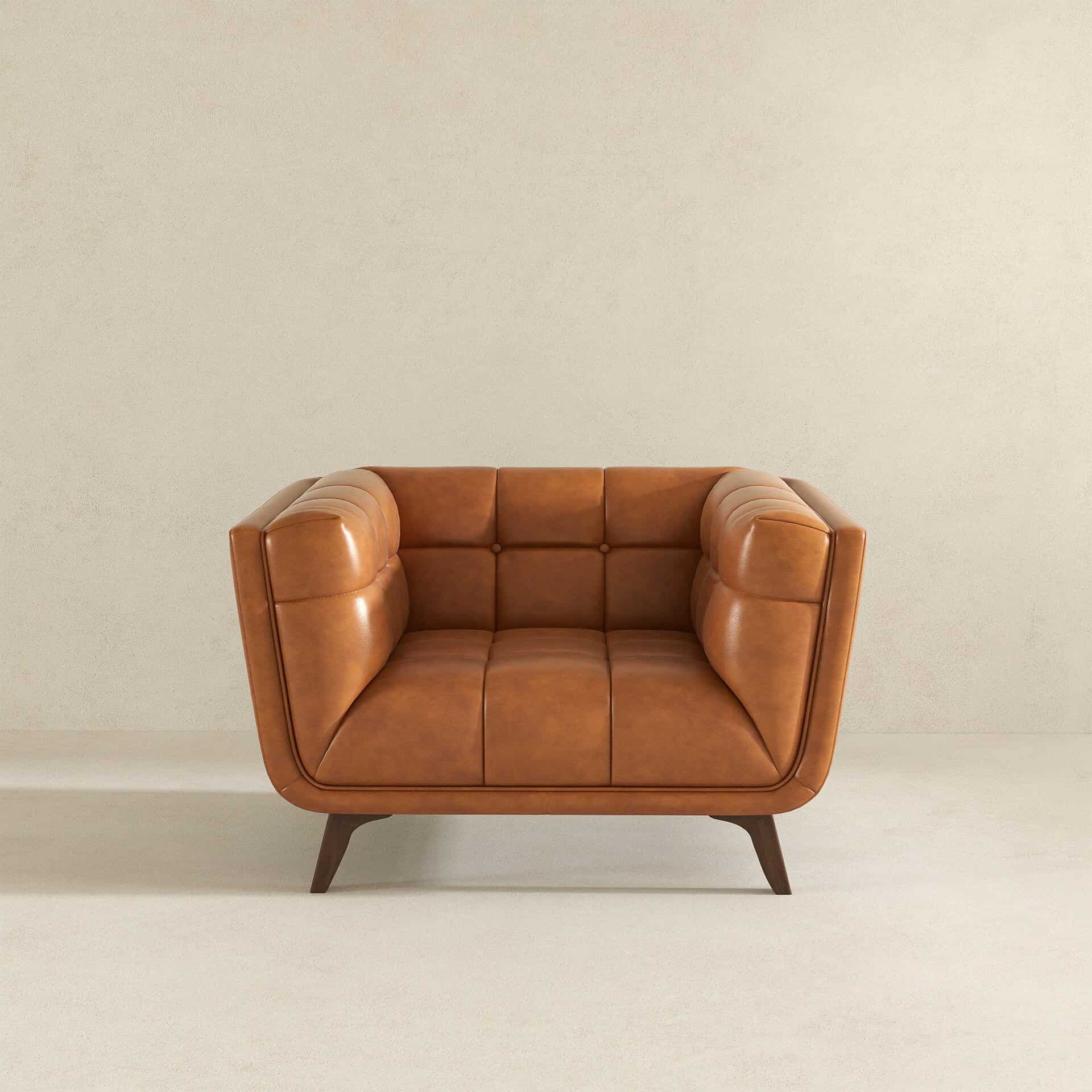 Cognac Leather Lounge Chair with Tufted Interior and Walnut Legs