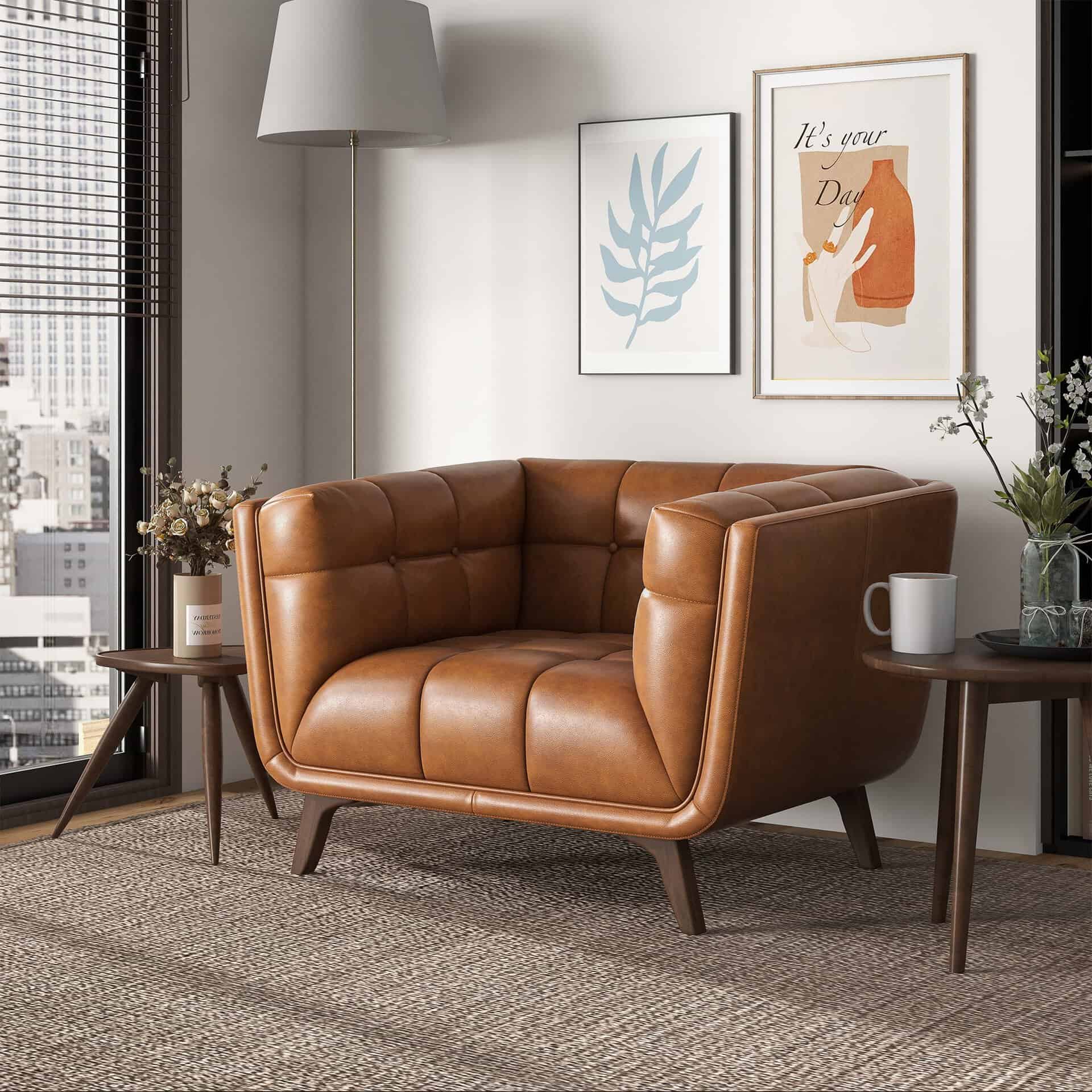 Cognac Leather Lounge Chair with Tufted Interior and Walnut Legs