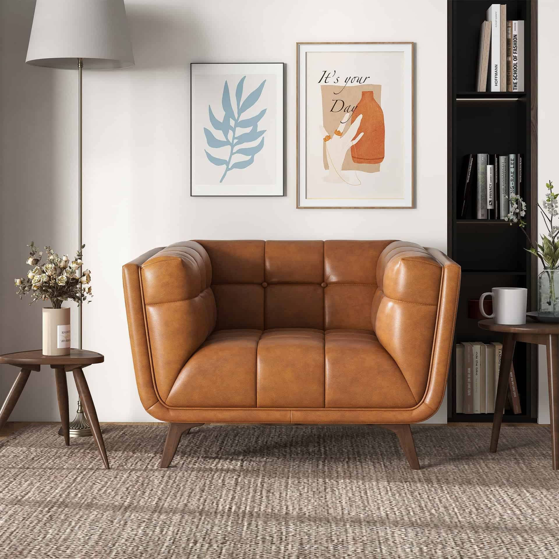 Cognac Leather Lounge Chair with Tufted Interior and Walnut Legs