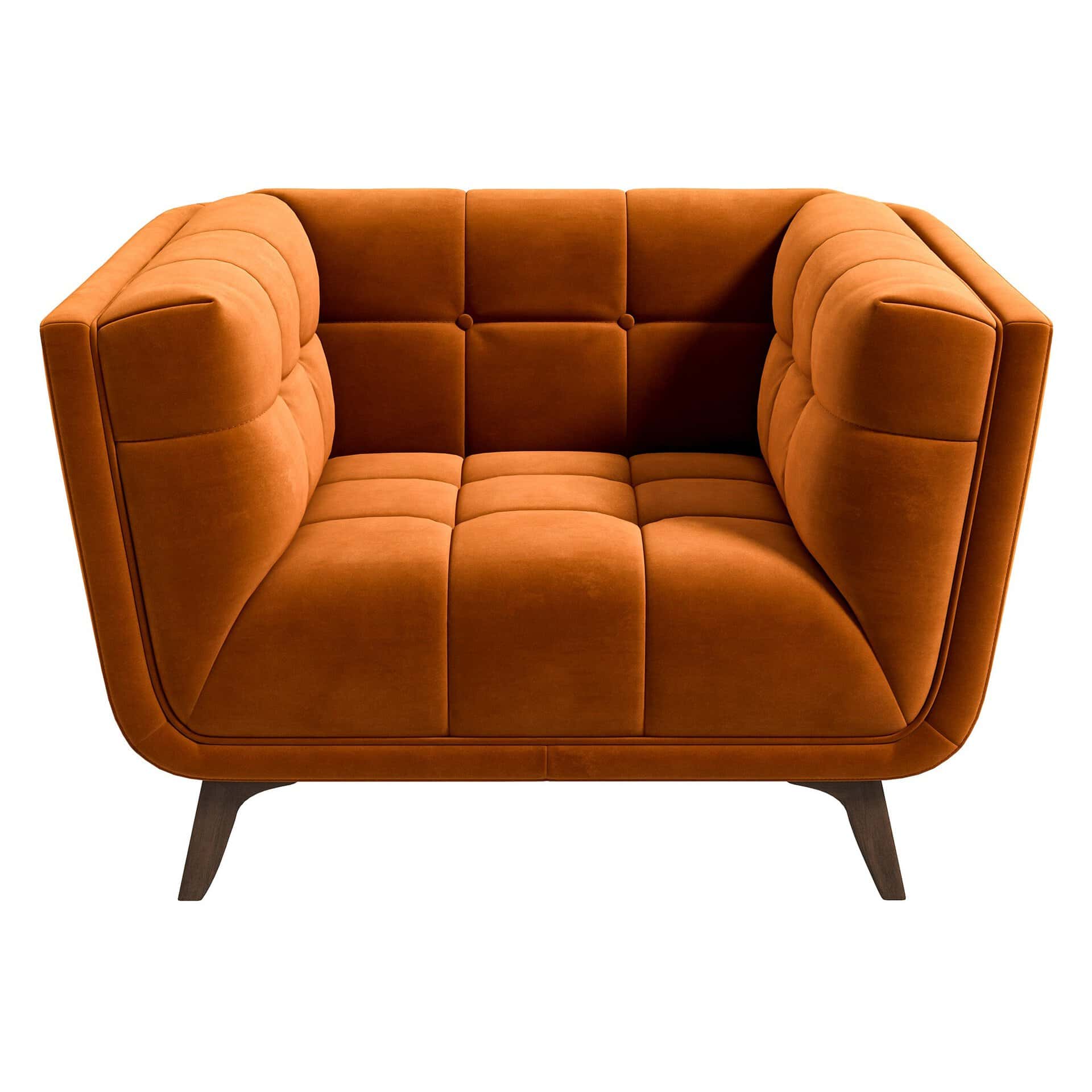 Orange Velvet Lounge Chair with Tufted Interior and Walnut Legs