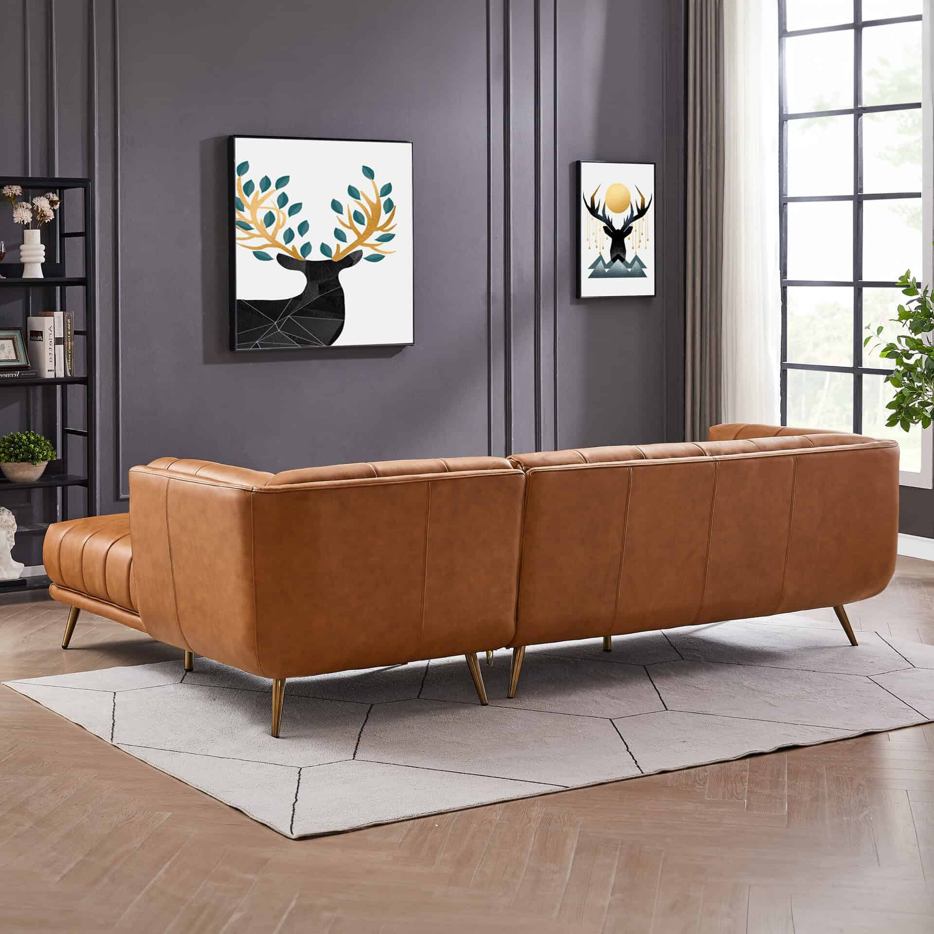 Cognac Leather Right Sectional Sofa Upholstered for Living Spaces