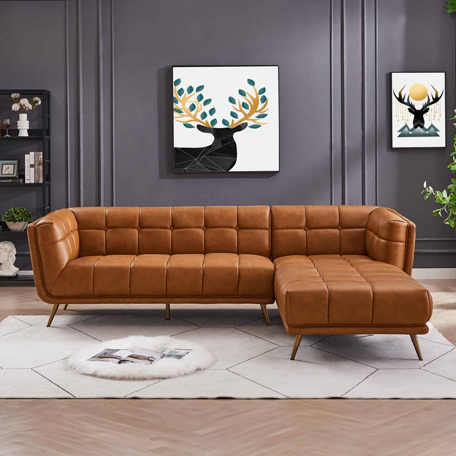 Cognac Leather Right Sectional Sofa Upholstered for Living Spaces