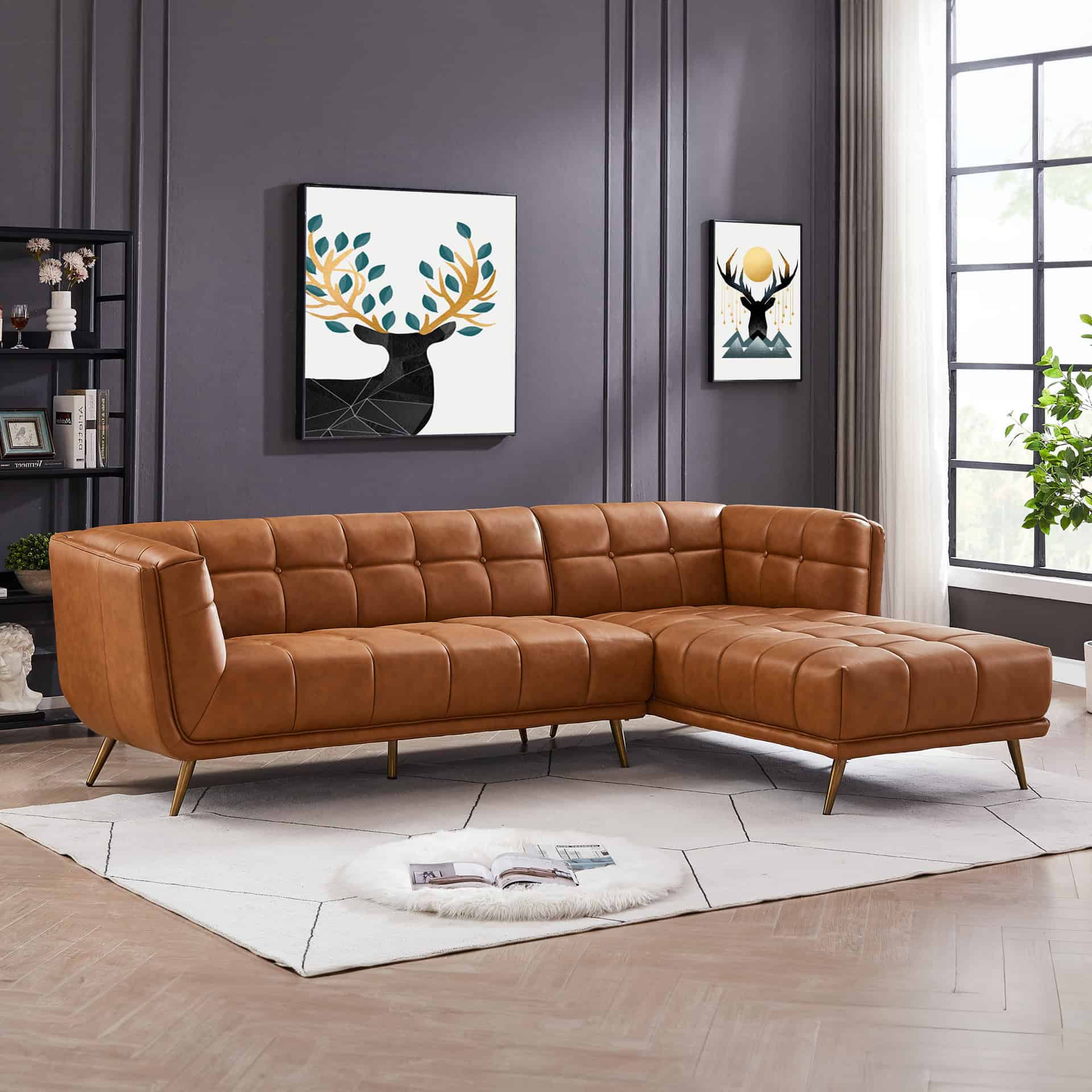 Cognac Leather Right Sectional Sofa Upholstered for Living Spaces
