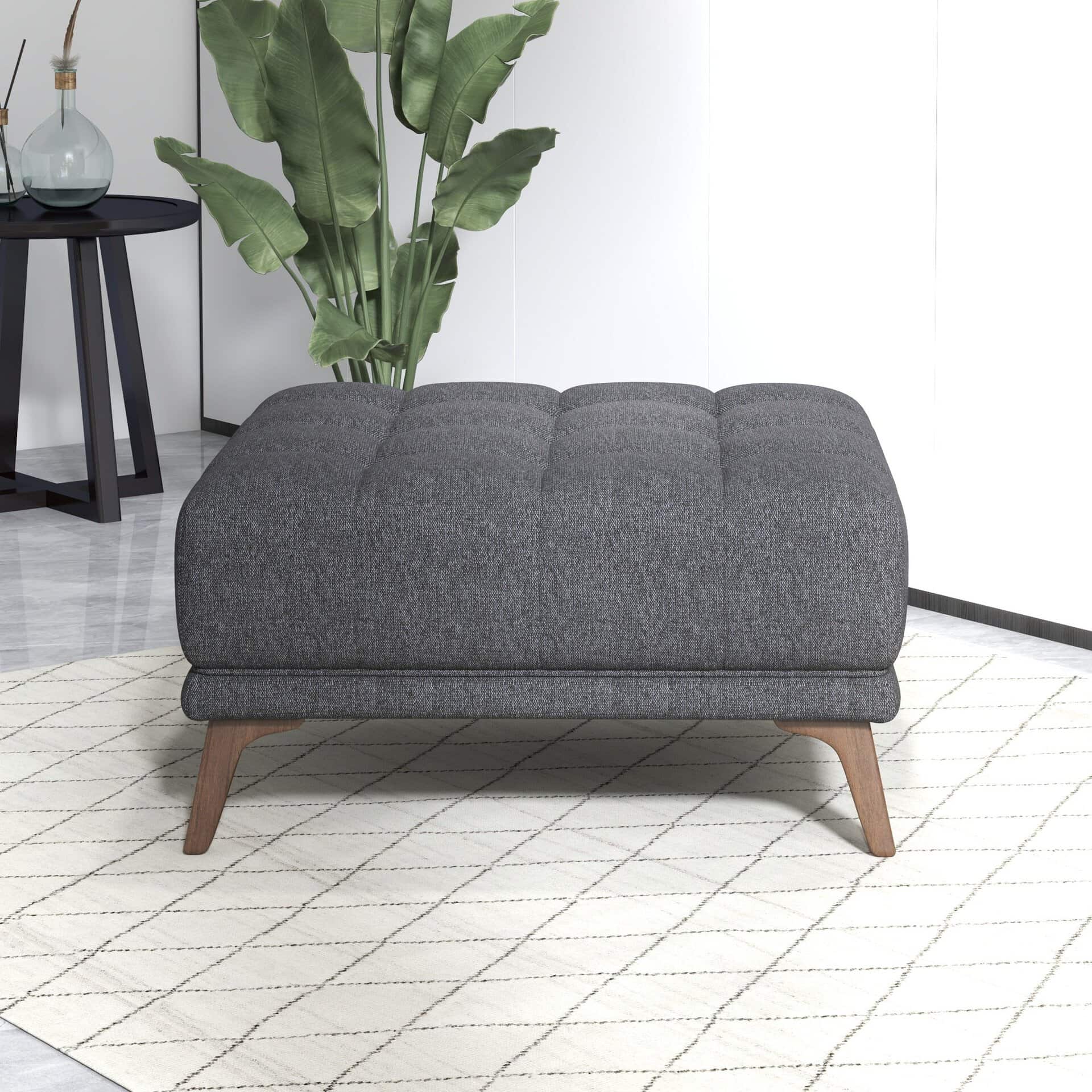 Dark Grey Linen Tufted Ottoman with Solid Wood Legs