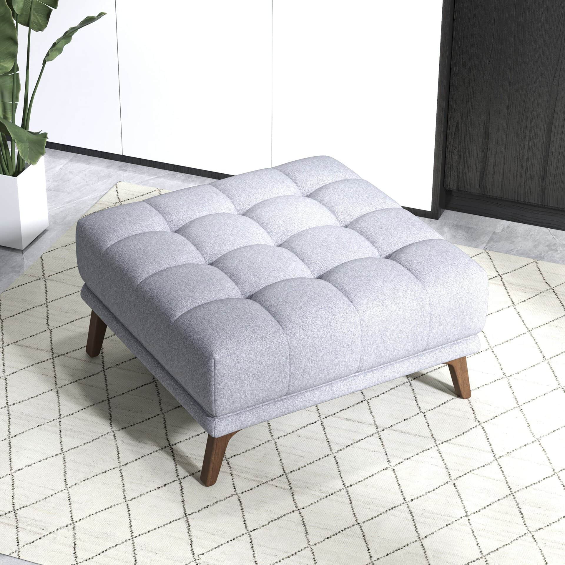 Light Grey Linen Tufted Ottoman with Solid Wood Legs