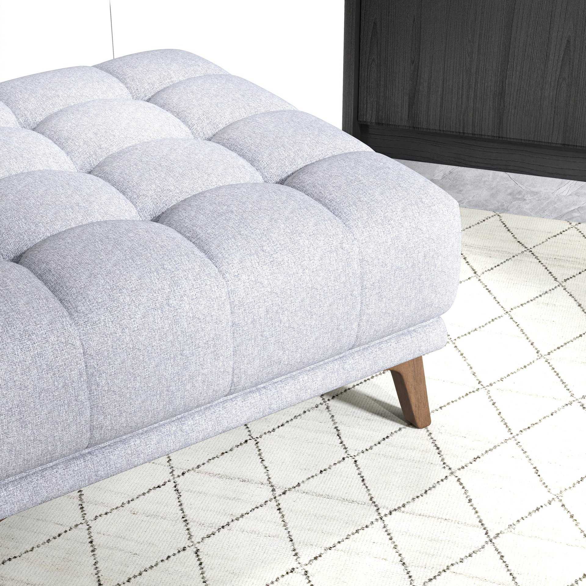Light Grey Linen Tufted Ottoman with Solid Wood Legs