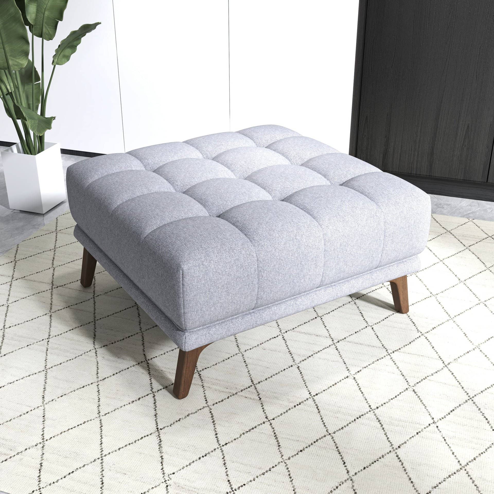 Light Grey Linen Tufted Ottoman with Solid Wood Legs