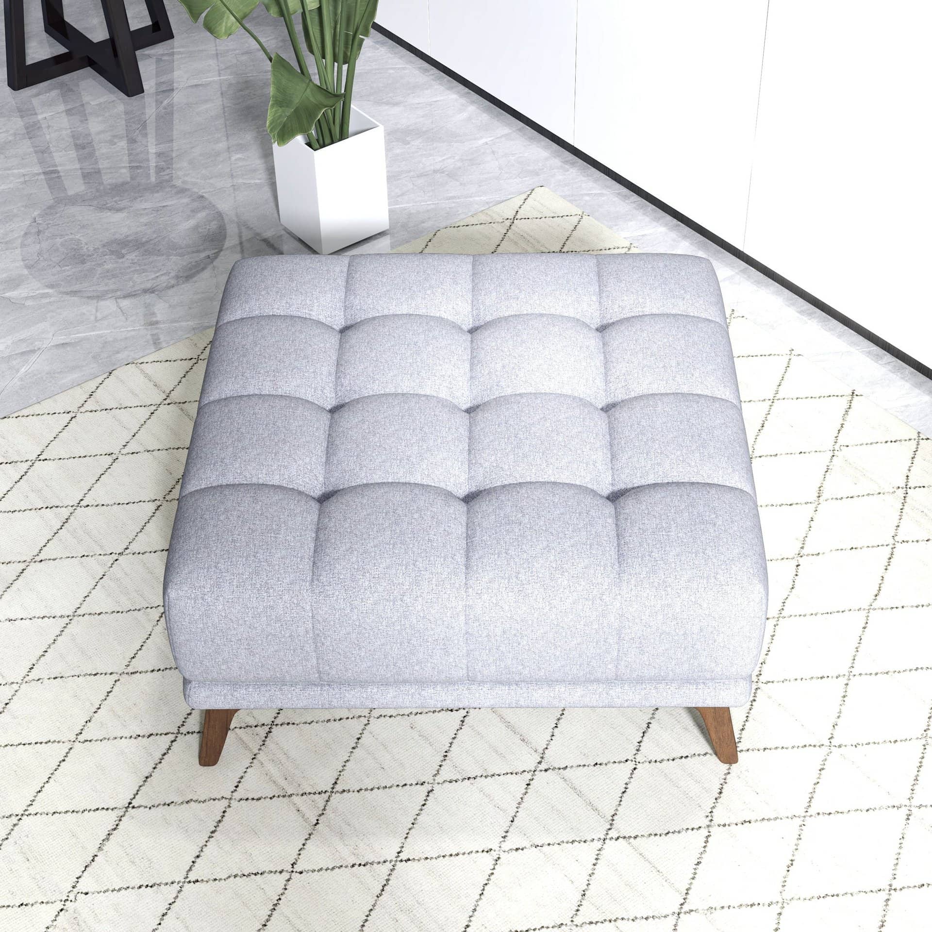 Light Grey Linen Tufted Ottoman with Solid Wood Legs