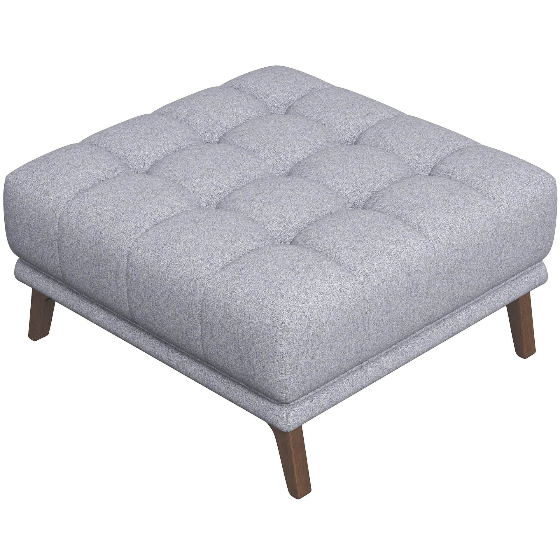 Light Grey Linen Tufted Ottoman with Solid Wood Legs