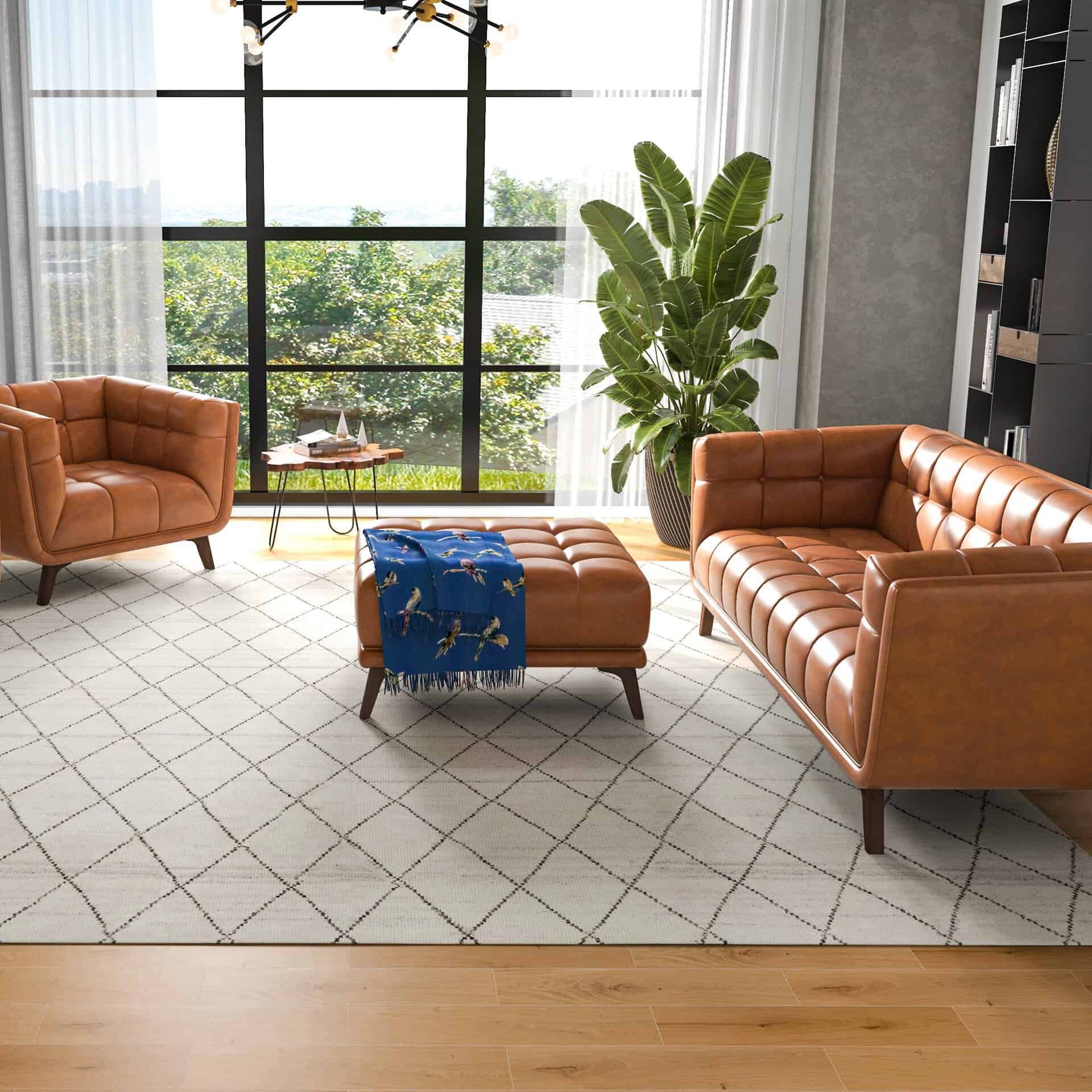 Cognac Leather Tufted Ottoman with Solid Wood Legs