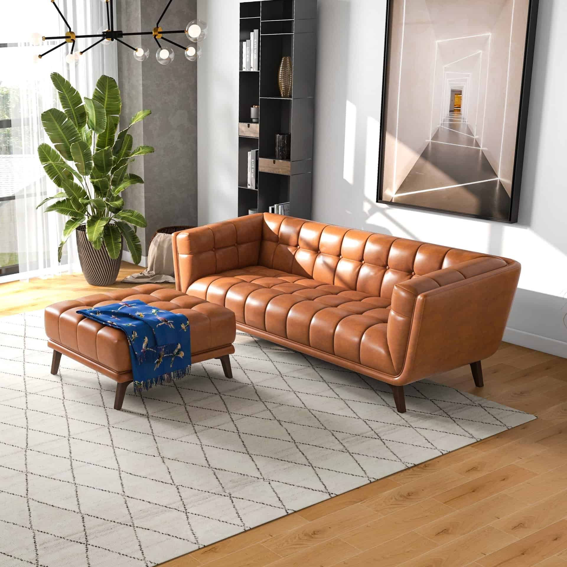 Cognac Leather Tufted Ottoman with Solid Wood Legs