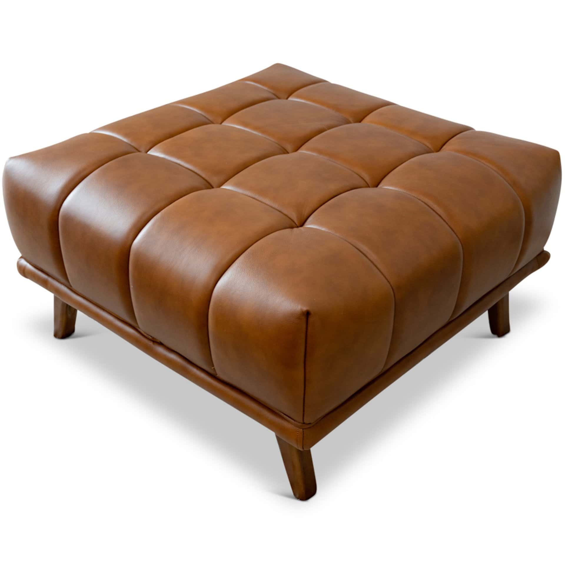 Cognac Leather Tufted Ottoman with Solid Wood Legs