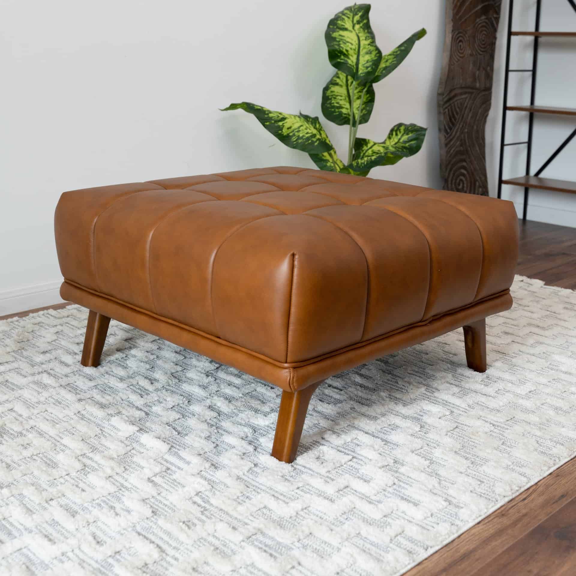 Cognac Leather Tufted Ottoman with Solid Wood Legs