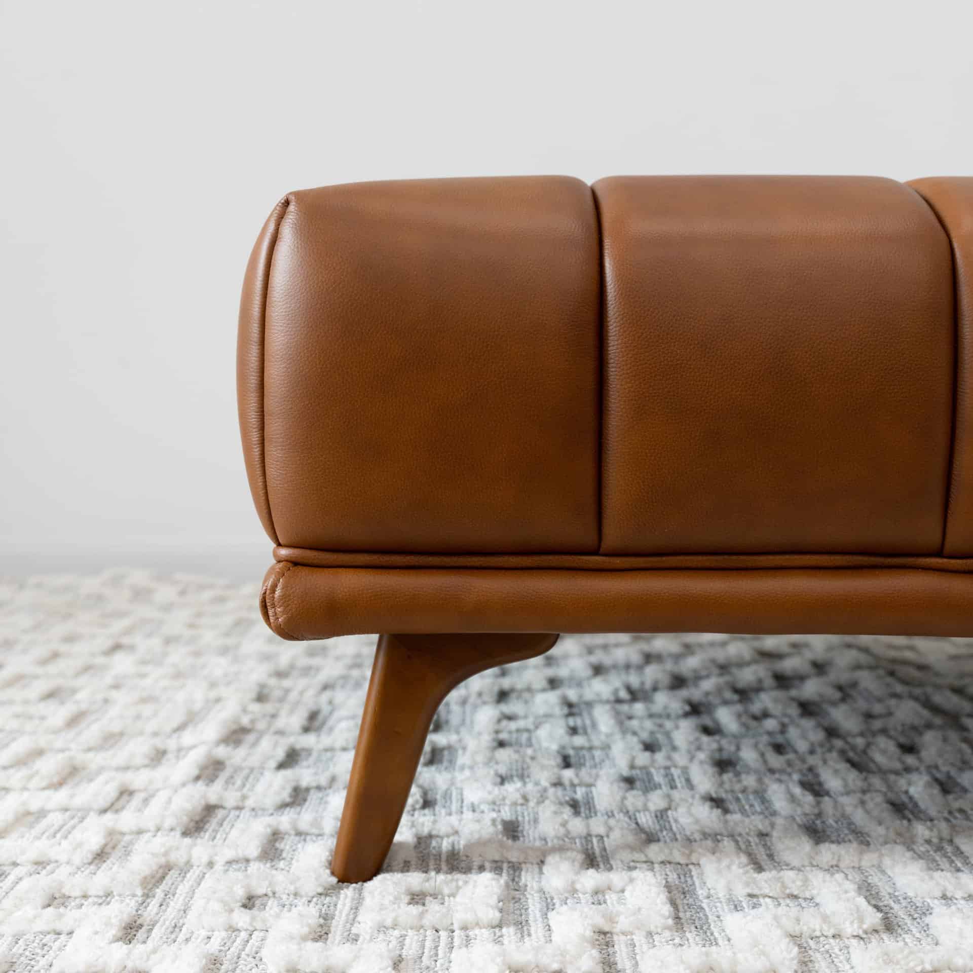 Cognac Leather Tufted Ottoman with Solid Wood Legs