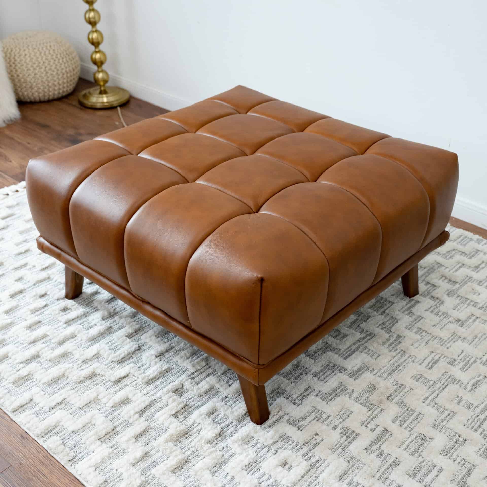Cognac Leather Tufted Ottoman with Solid Wood Legs