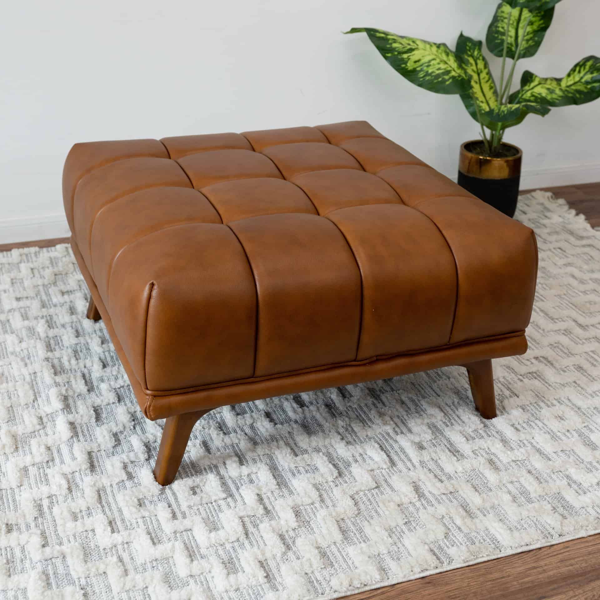 Cognac Leather Tufted Ottoman with Solid Wood Legs