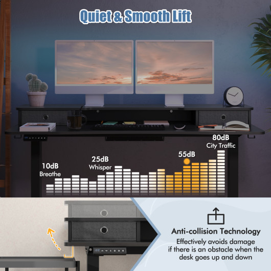 55 Inch x 24 Inch Height Adjustable Electric Standing Desk with Drawers and Monitor Shelf