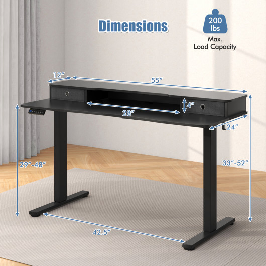 55 Inch x 24 Inch Height Adjustable Electric Standing Desk with Drawers and Monitor Shelf