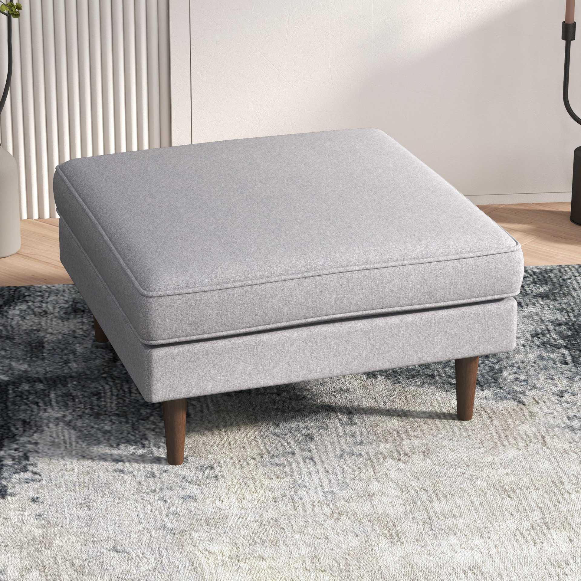 Light Grey Linen Upholstered Ottoman with Mid-Century Wood Legs